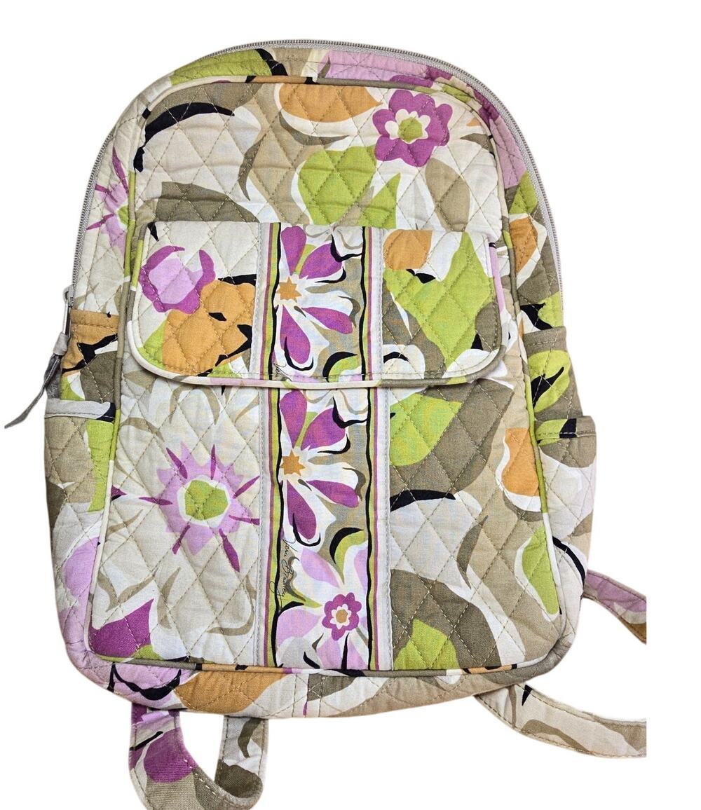 Vera Bradley Flowers Cotton Small Backpack Floral Green Purple White Book Bag